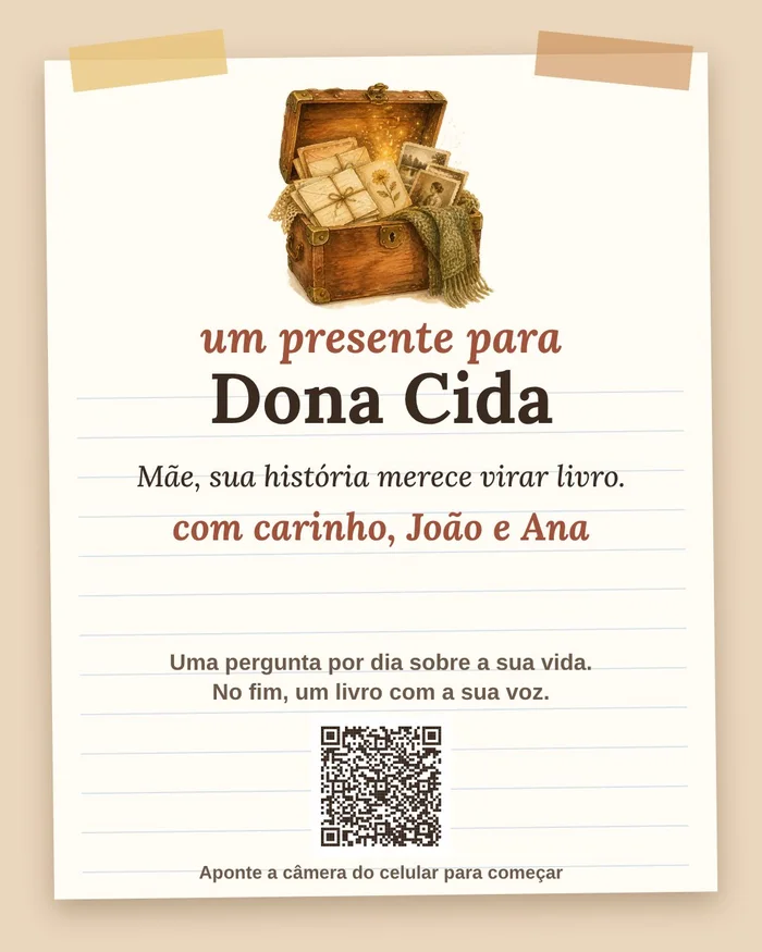 Cartão de presente com o nome da mãe e um QR code
