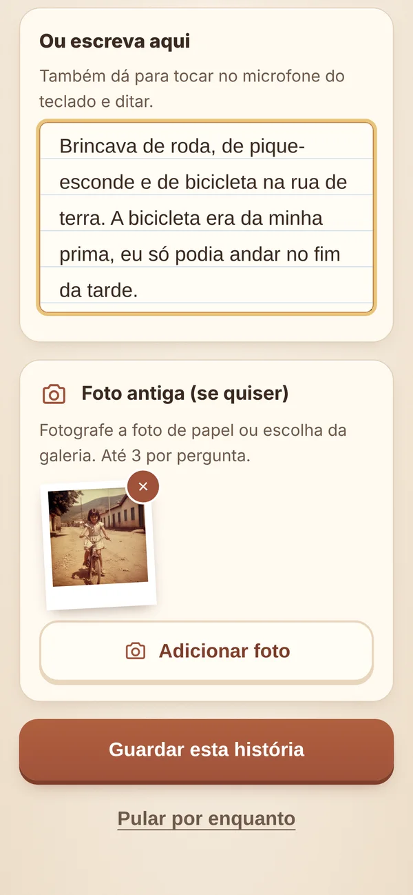 Tela do app com a resposta escrita e uma foto antiga
